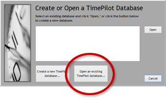 To open an existing database, click the button circled in red.