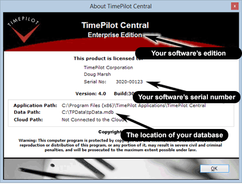 The 'About' screen gives lots of information about your software.