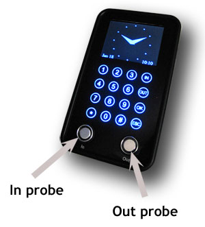 The Vetro timeclock has an In probe and an Out probe. 