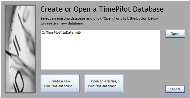 Create or Open a TimePilot Database screen