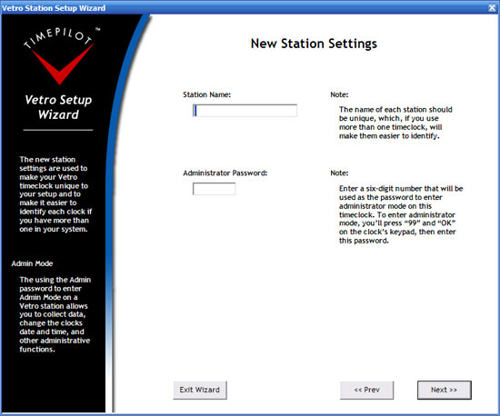 TimePilot Vetro Setup Wizard: New Station Settings