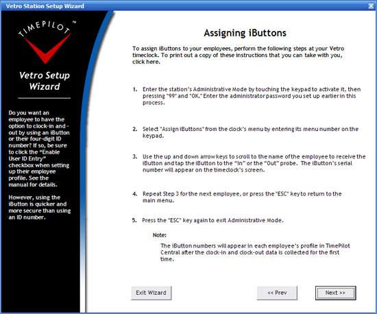TimePilot Vetro Setup Wizard: Assigning iButtons