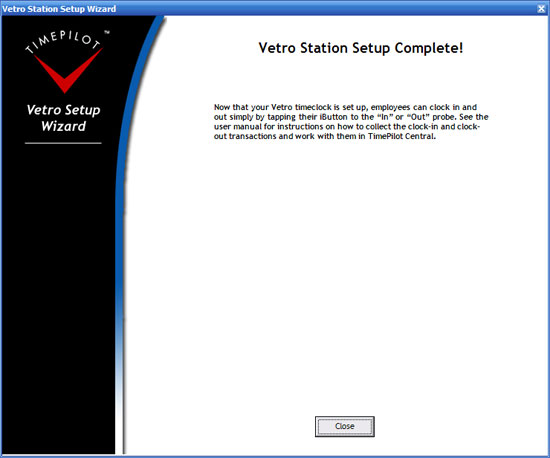 TimePilot Vetro Setup Wizard: Setup Complete