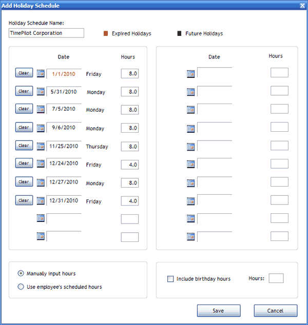 Holiday Schedule screen