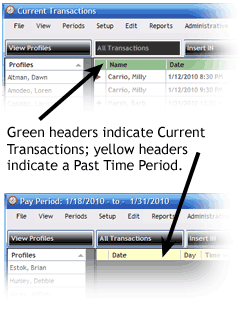 Green headers indicate Current Transactions; yellow headers indicate a Past Time Period. 