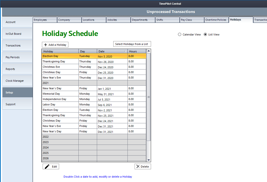 Holidays in List View
