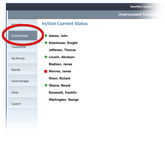 The In/Out Board tab displays your employees' status