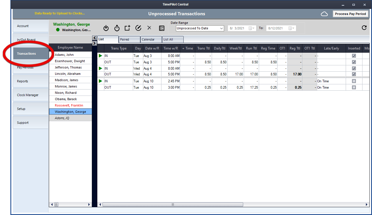 The Transactions screen shows each employees' clock ins and clock outs. Users of the TimePilot system will spend much of their time on this screen.