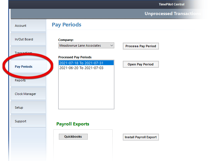 On the Pay Periods screen, you can process your pay period, see previously processed pay periods, and export your pay period data to payroll software and services.