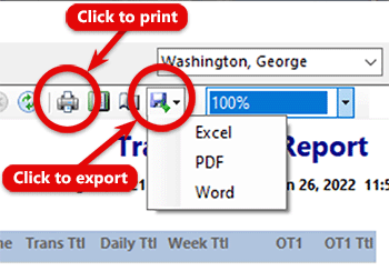 Click the print icon to print a report and the Export icon to export it.