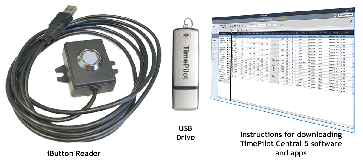 The Extreme Blue Upgrade to TimePilot 5: On-Premise Edition adds TimePilot Central 5 PC software, an iButton Receptor and USB drive.