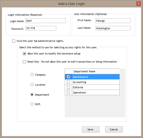 This user will be able to modify the TimePilot hardware, and when he starts TimePilot Central, he will be able to see only those employees who been assigned to the Maintenance Department. In addition, he will be able to modify any of those employees' transactions.