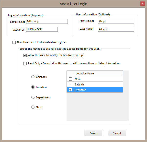 This user will be able to modify the TimePilot hardware and will be able to see and work with transactions generated by anyone in any department or shift who has been assigned to the Evanston location.