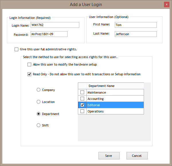 This user cannot modify the TimePilot hardware and is only allowed to view—not modify—transactions generated by Editorial employees.