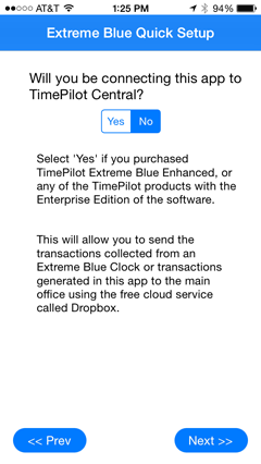 Tap 'No.' You won't be connecting the app to TimePilot Central.