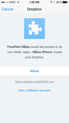 Connect to a Dropbox account screen