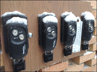 Snow-covered Extreme Blue clocks undergoing testing at TimePilot.