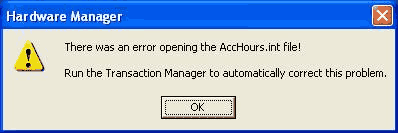 A screenshot of the error message involving the AccHours.int file.