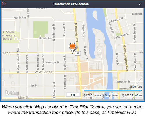 When you click 'Map Location' in TimePilot Central, you see on a map where the transaction took place. (In this case, at TimePilot headquarters.)